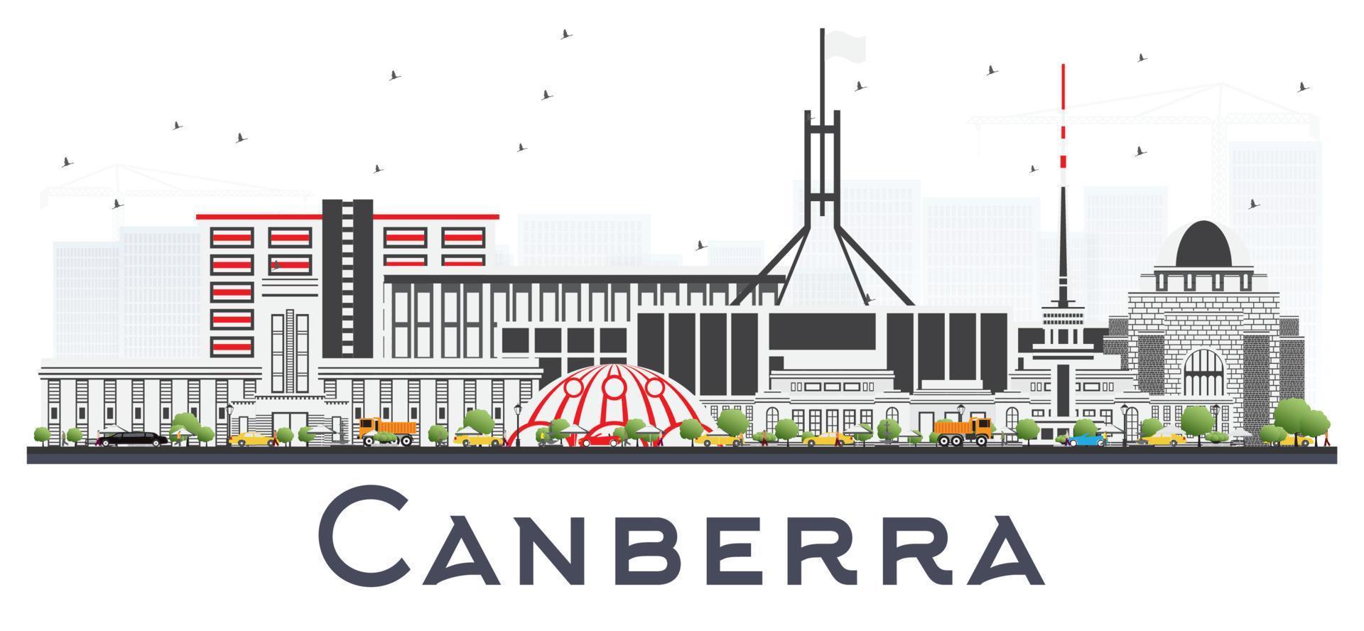 horizonte de la ciudad de canberra australia con edificios grises aislados en blanco. vector