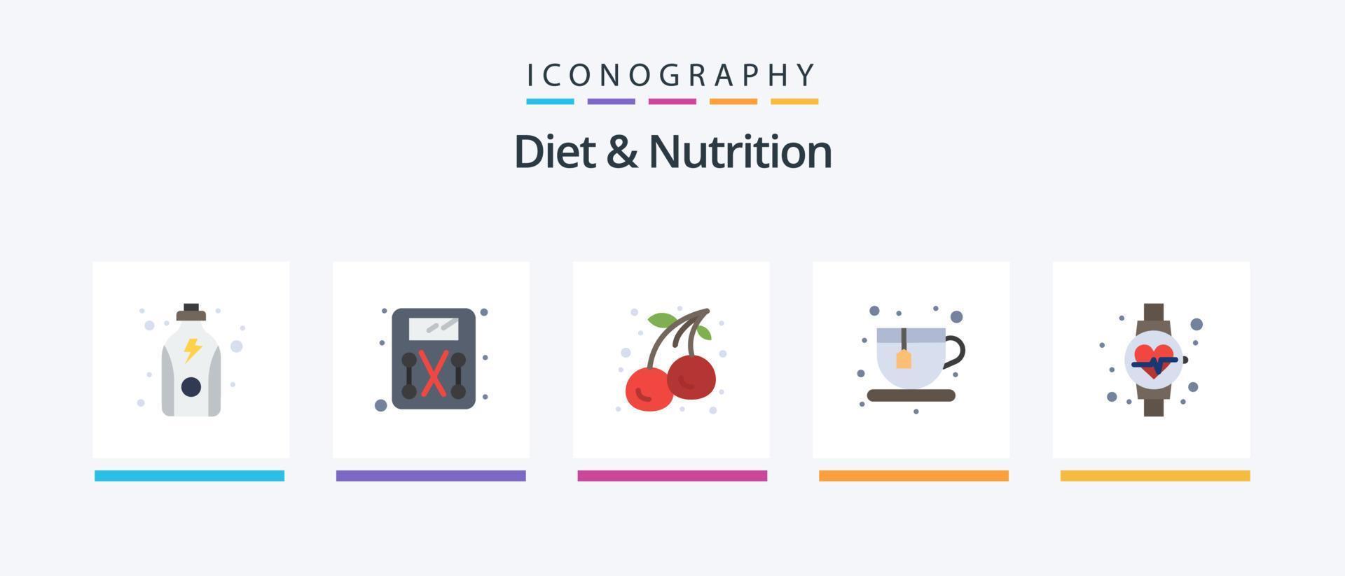 Diet And Nutrition Flat 5 Icon Pack Including . watch. cherry. diet. tea. Creative Icons Design vector