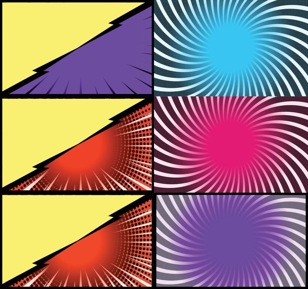 Comic book colorful frames background with halftone rays radial and dotted effects pop art style vector