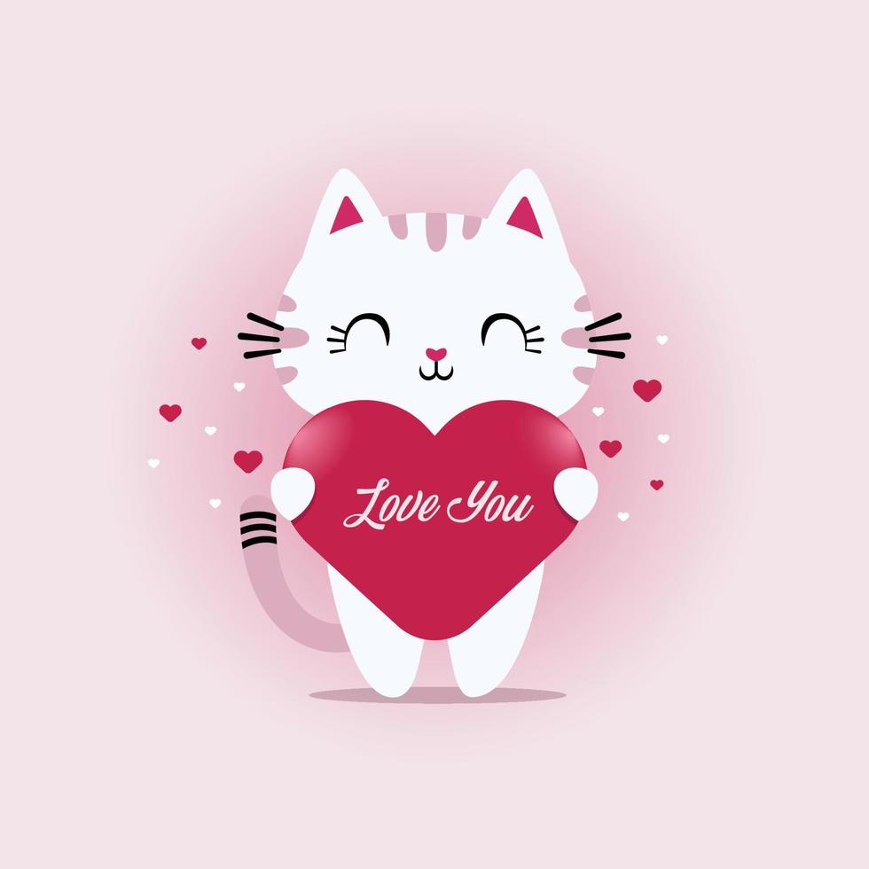 Happy Valentine's Day, With the Theme of a Cute Kitty Cat Holding a Heart Symbol with the Words, Love You. vector