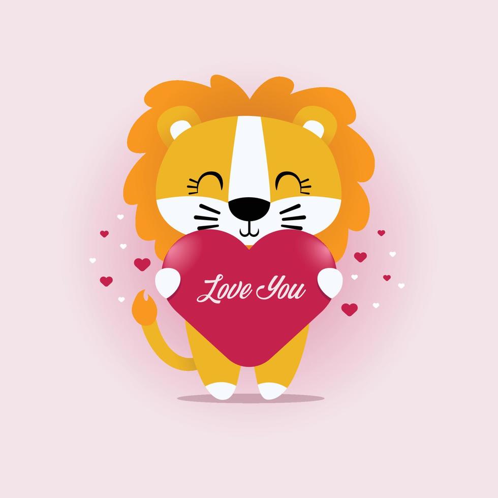 Happy Valentine's Day, With the Theme of a Cute Lion Holding a Heart Symbol with the Words, Love You. vector