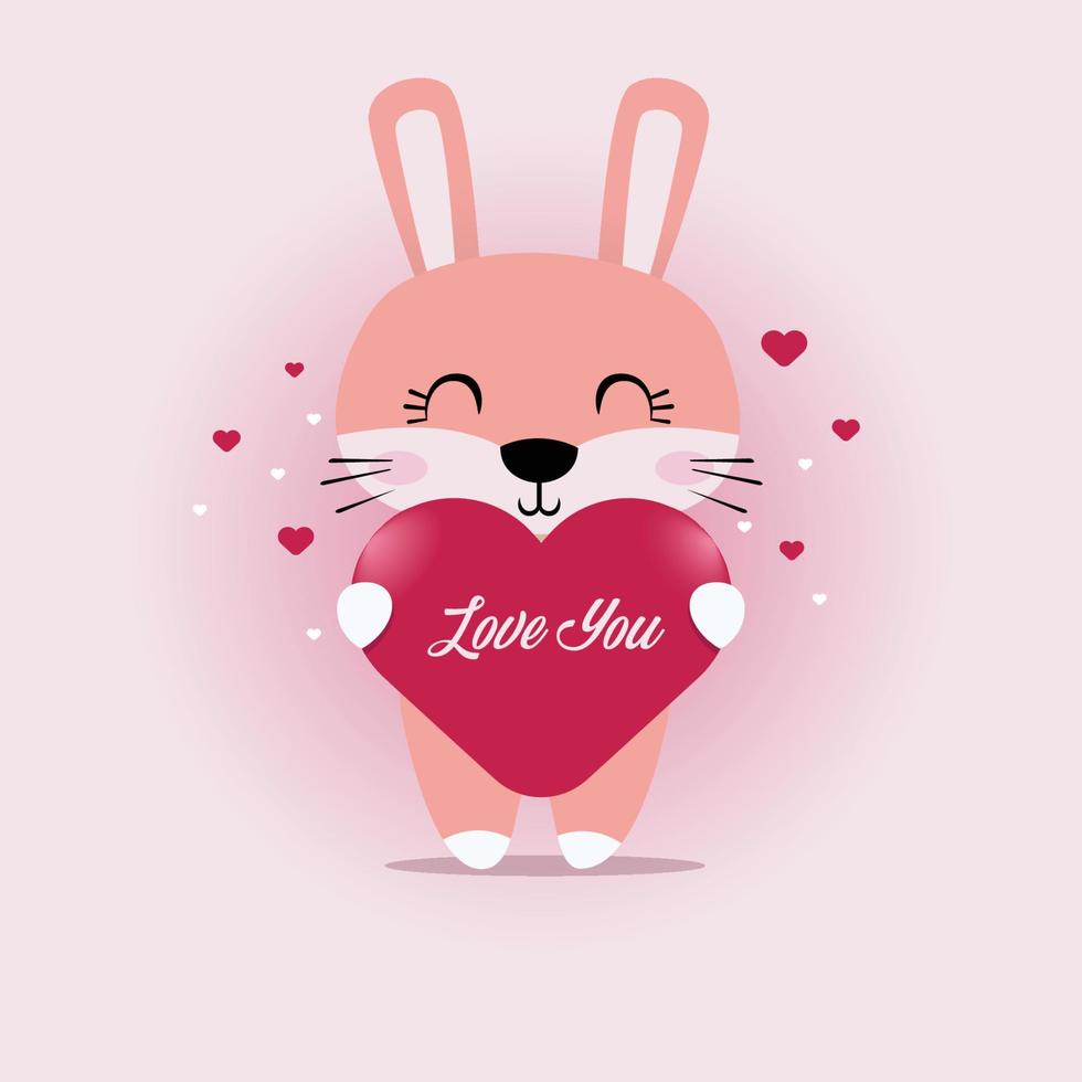 feliz día de san valentín, con el tema de un lindo conejo sosteniendo un símbolo de corazón con las palabras, te amo. vector