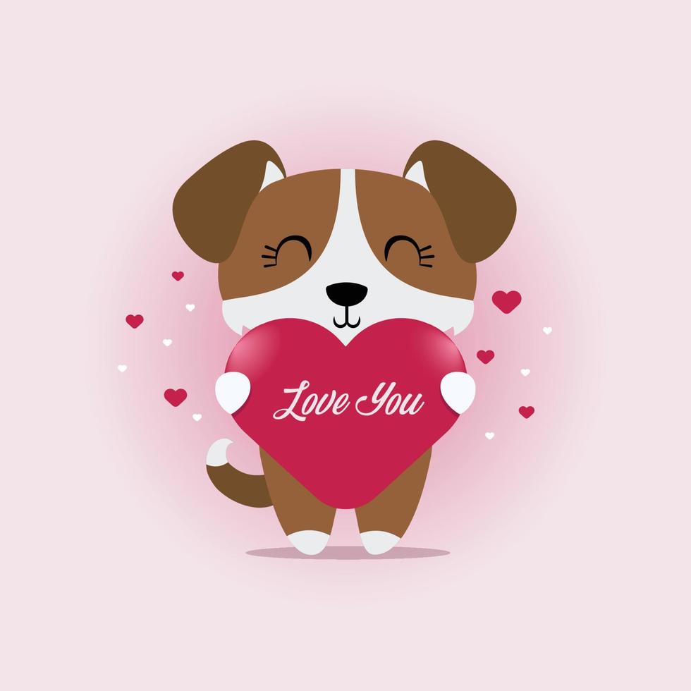 feliz día de san valentín, con el tema de un lindo perro sosteniendo un símbolo de corazón con las palabras, te amo. vector