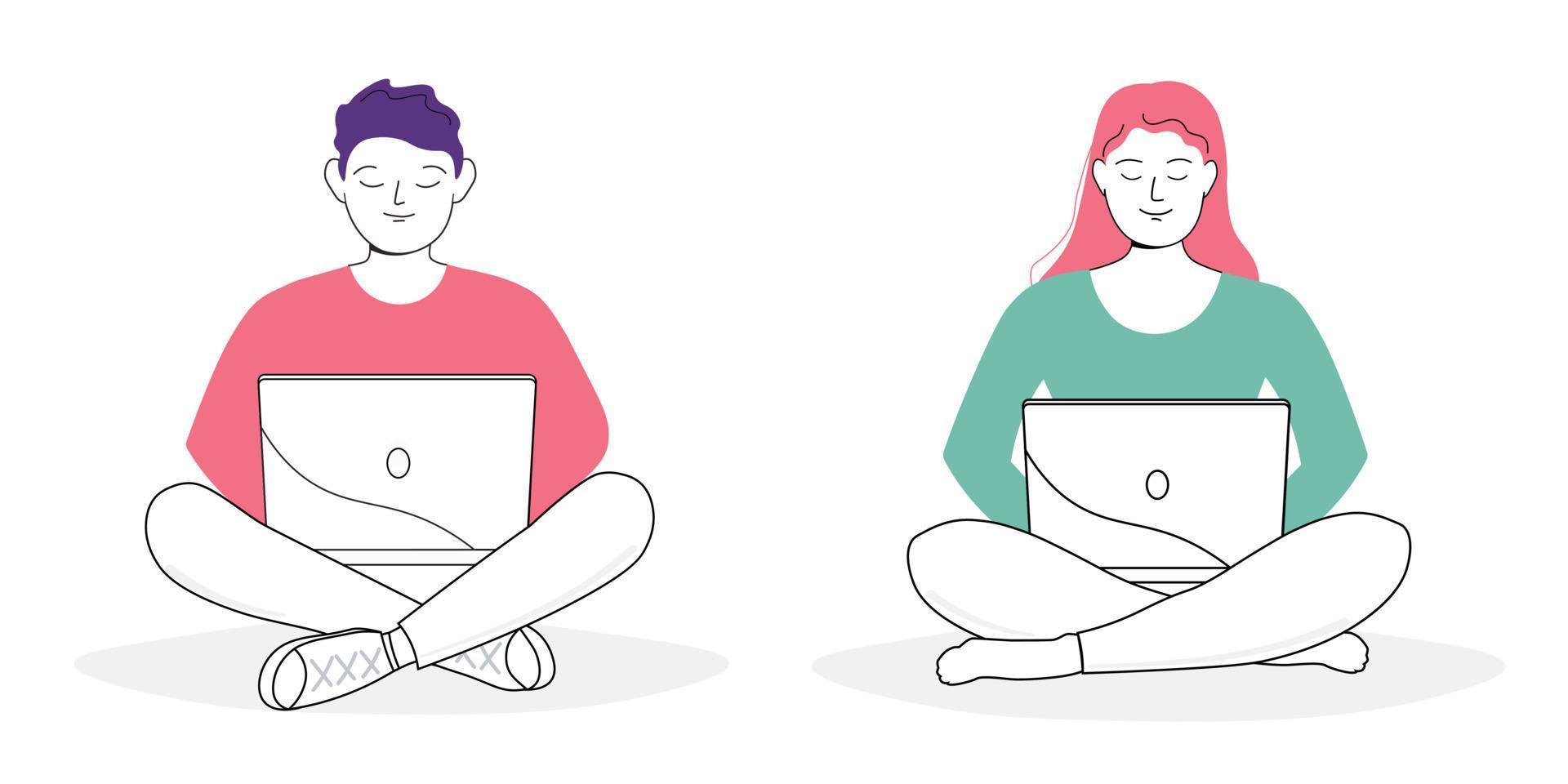 A man and a woman is sitting at a laptop with his legs crossed in a lotus position. The guy ,girl studies, works as an operator, manager, communicates remotely online. Vector art line graphics.