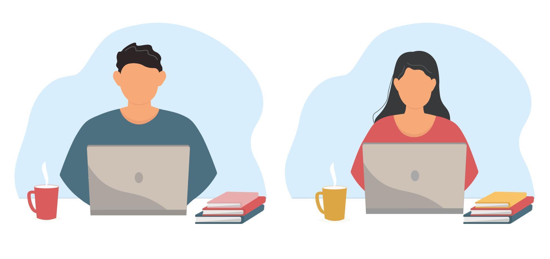 A person is sitting at a laptop. The girl, the guy work, study online remotely. Vector graphics.A person is sitting at a laptop. The girl, the guy work, study online remotely. Vector graphics.