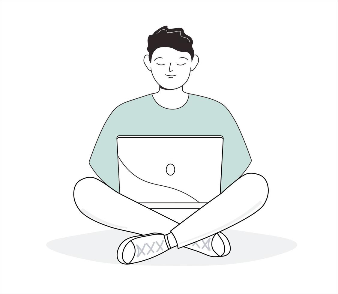 A man is sitting at a laptop with his legs crossed in a lotus position. The guy studies, works as an operator, manager, communicates remotely online. Vector art line graphics.