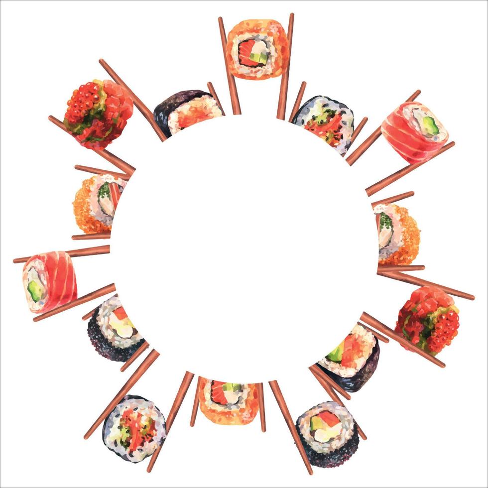 Round frame with watercolor japanese food. Hand drawn illustration of sushi, maki, rolls. Background for menu, packaging and product design. vector