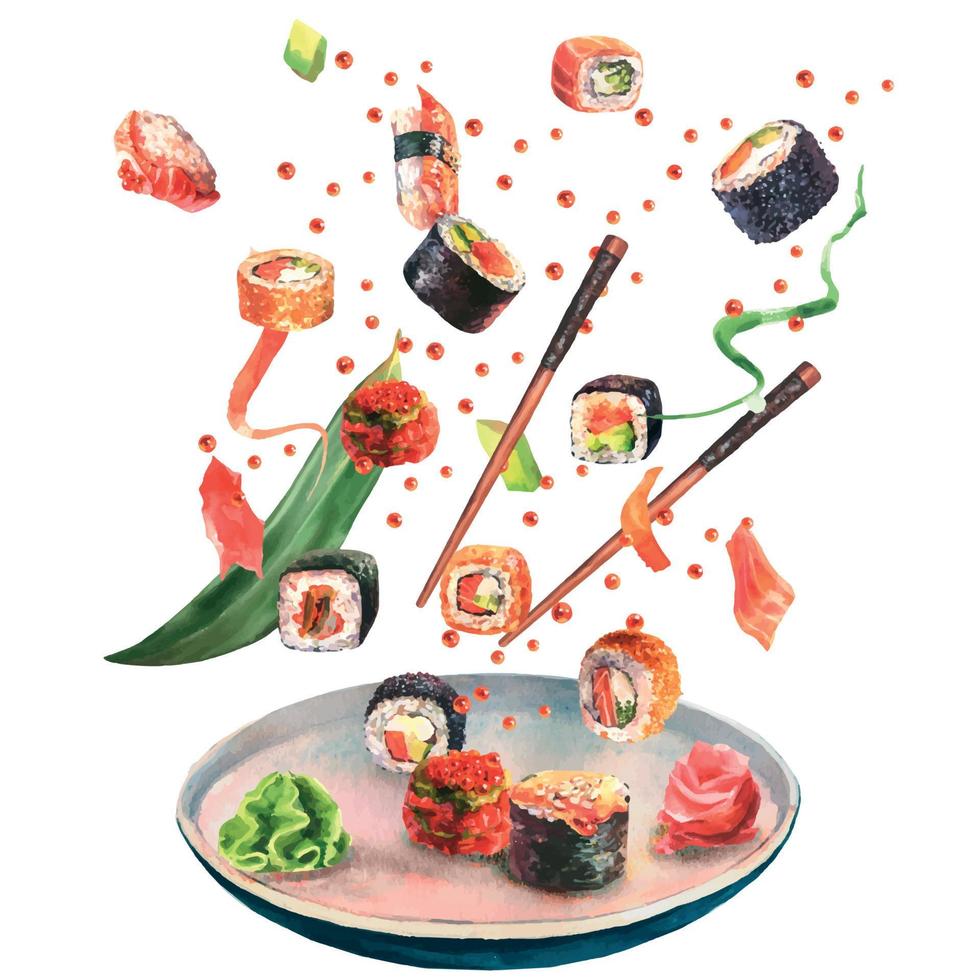 Watercolor illustration of delicious sushi and rolls set with chopsticks and plate in motion on white background. vector