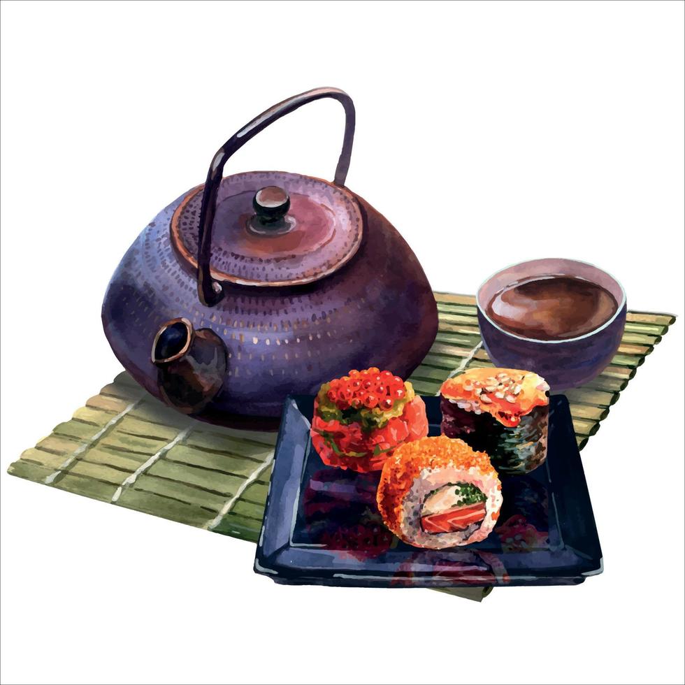 Watercolor illustration of a sushi set on a plate and bamboo mat with soy sauce and a teapot with tea, isolated on a white background. vector