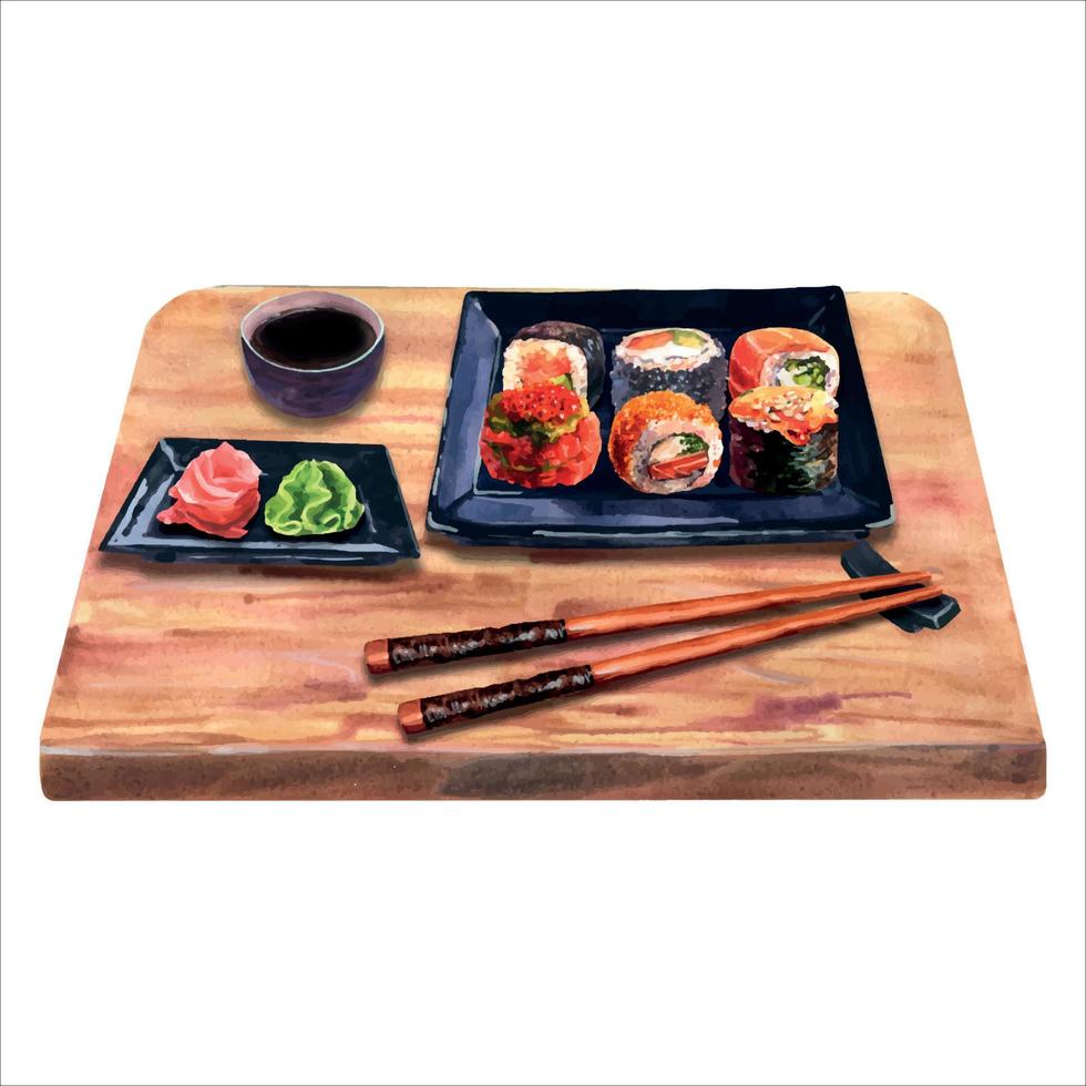 ilustración acuarela de un juego de sushi en un plato, jengibre, wasabi, salsa de soja y palillos en una tabla de madera, aislado en un fondo blanco. vector