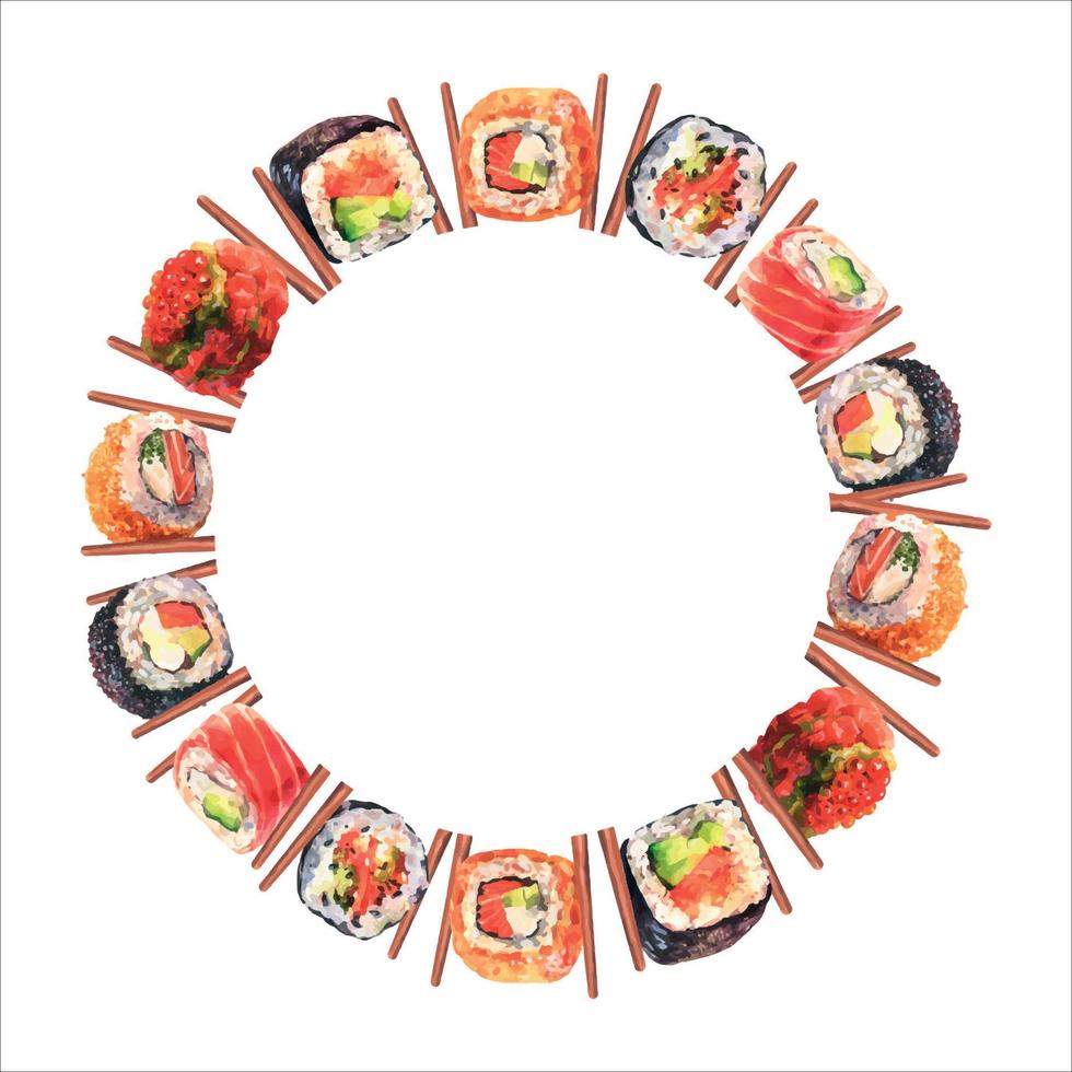 Round frame with watercolor japanese food. Hand drawn illustration of sushi, maki, rolls. Background for menu, packaging and product design. vector