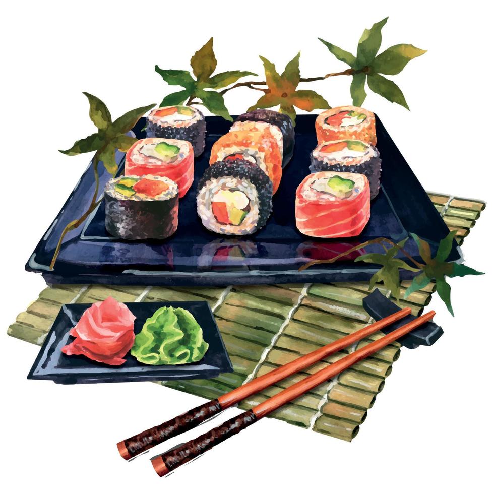 Watercolor illustration sushi rolls set serving with ginger and wasabi on special black tray, and of wooden carpet, bamboo sushi mat, and chopsticks. vector