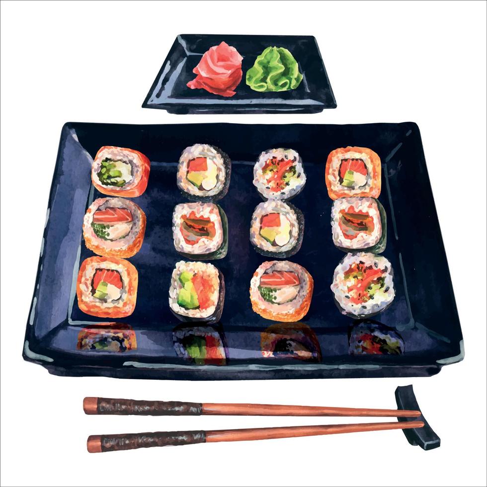 Watercolor illustration sushi rolls set serving with ginger and wasabi on special black tray. Collection box with sushi rolls and chopsticks. vector