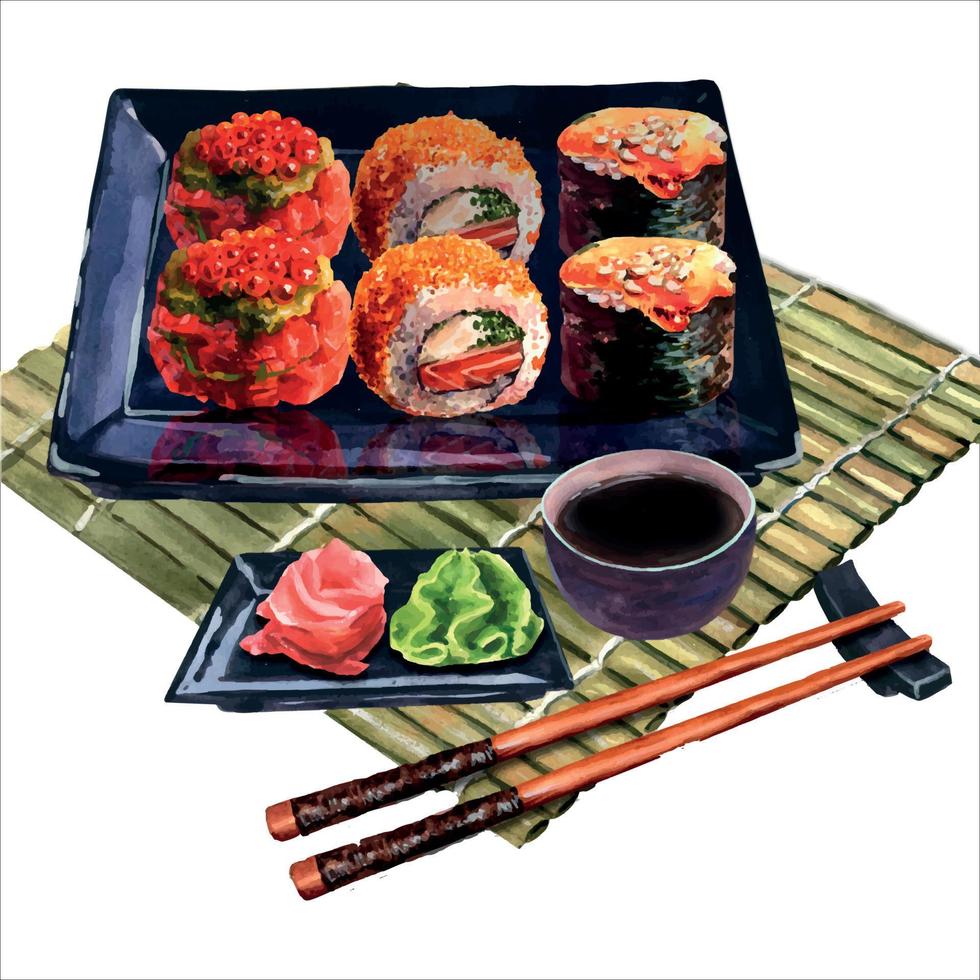 Watercolor illustration sushi rolls set serving with ginger and wasabi on special black tray, and of wooden carpet, bamboo sushi mat. vector