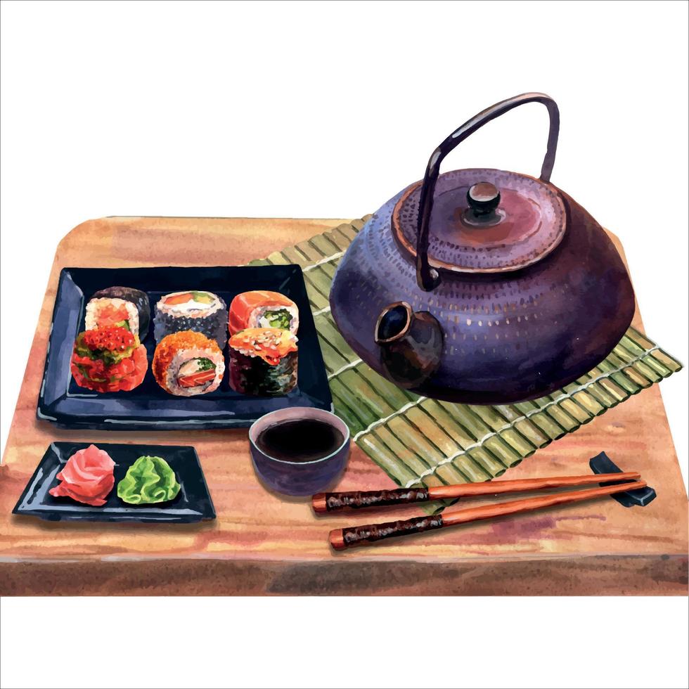 ilustración acuarela de un juego de sushi en un plato, jengibre, wasabi, salsa de soja y una tetera en una alfombra de bambú y una tabla de madera, aislada en un fondo blanco. vector
