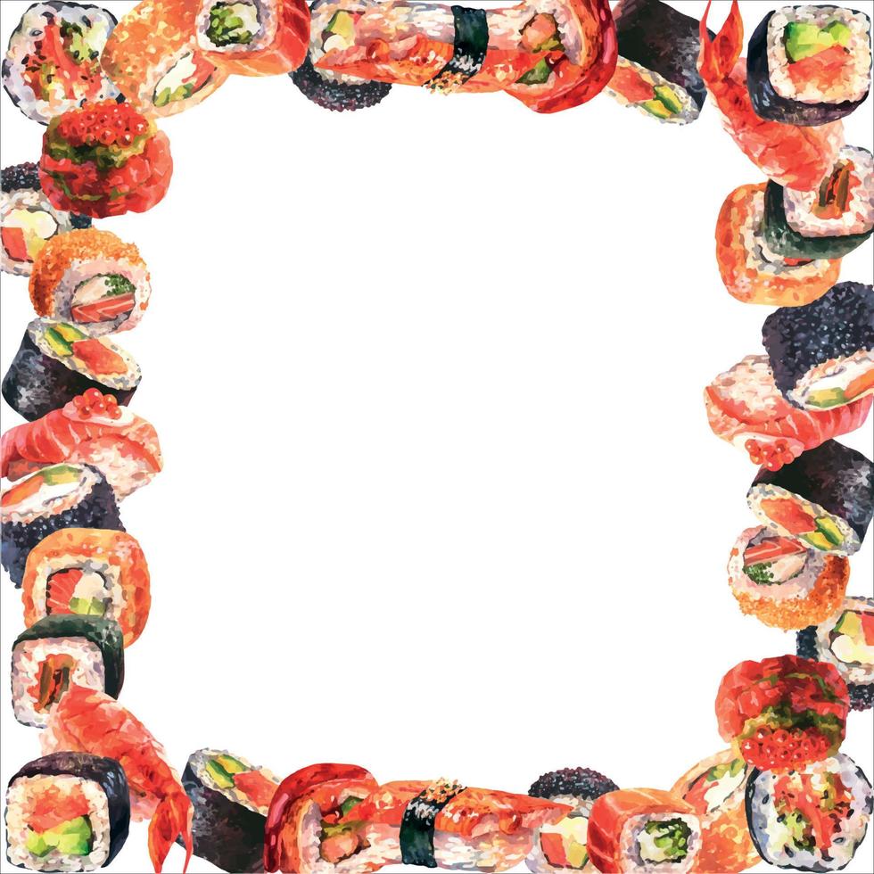 Ilustración de plantilla dibujada a mano con acuarela con sushi y rollos sobre fondo blanco. colección de comida japonesa para textiles, telas, decoración, invitación, menú de restaurante. vector