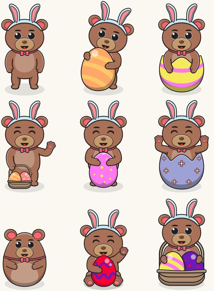 Happy Easter. Cute Bear on the Easter theme in cartoon. Vector illustration. Isolated on white background. Easter holiday vector set.