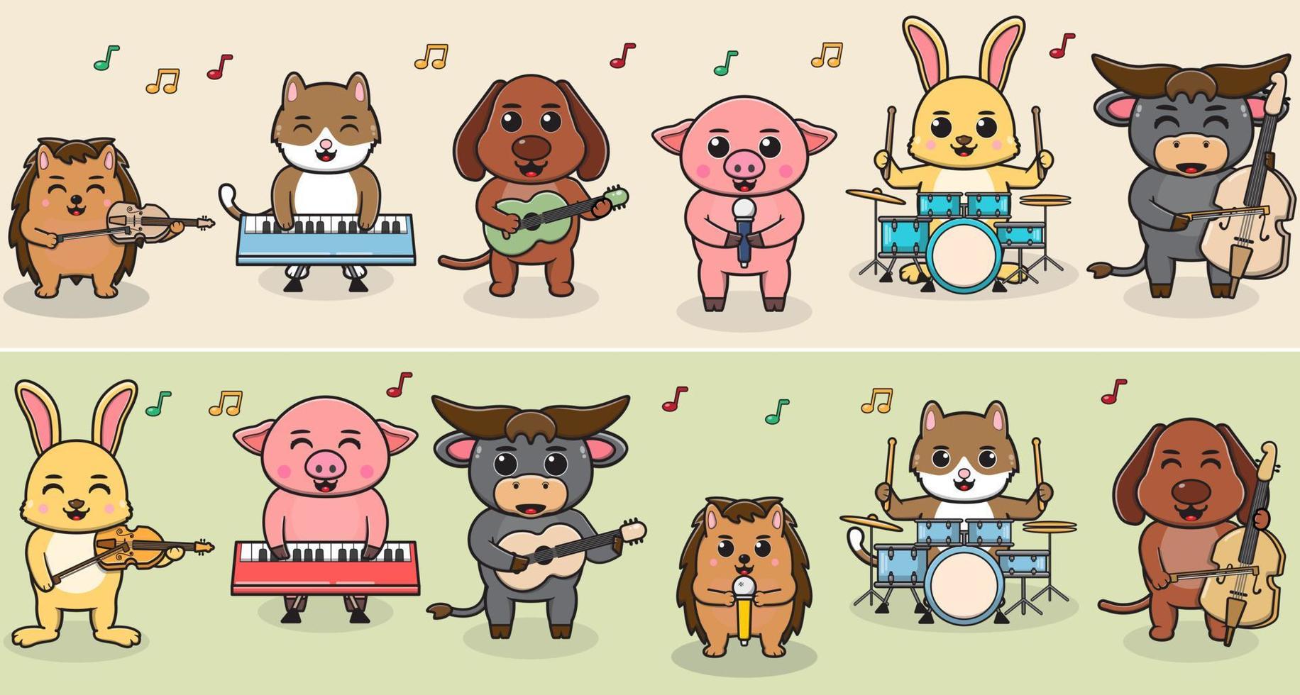 Cartoon Domestic animal play music band. Cat, Dog, Pig, Rabbit, Buffalo and Hedgehog. Illustration set with different animals. Animals playing music instruments. vector