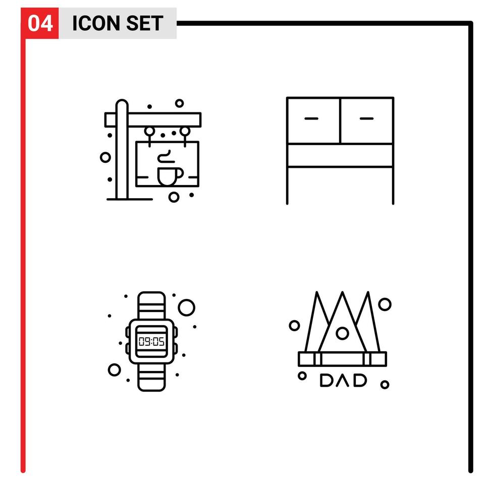 4 User Interface Line Pack of modern Signs and Symbols of coffee watch board table crown Editable Vector Design Elements