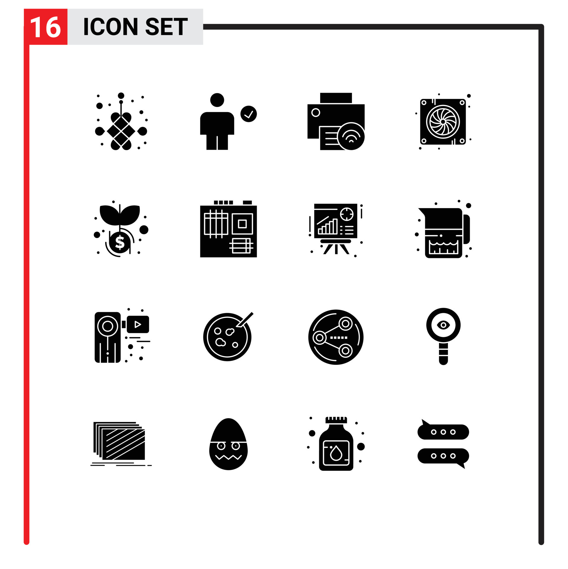 Group of 16 Solid Glyphs Signs and Symbols for hardware device done