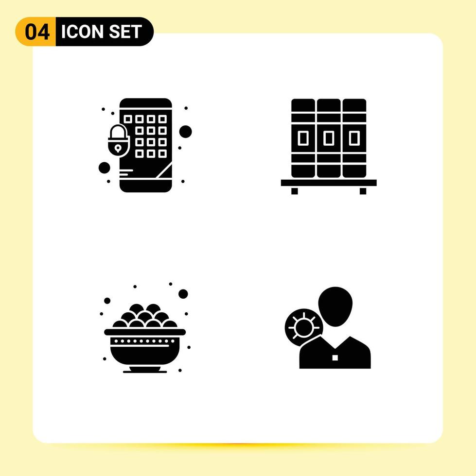 Set of 4 Commercial Solid Glyphs pack for encryption gras cupboard bowl efficiency Editable Vector Design Elements