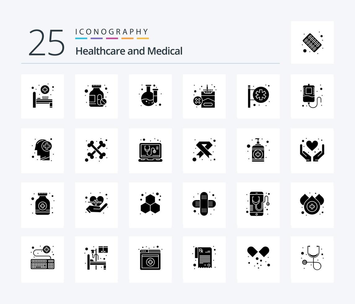 Medical 25 Solid Glyph icon pack including blood. medical center. laboratory. hospital signboard. cigarette vector