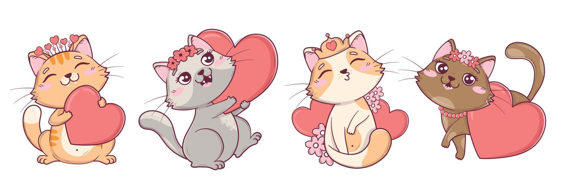 Collection of kawaii cute valentine cats in different poses with hearts and flowers vector
