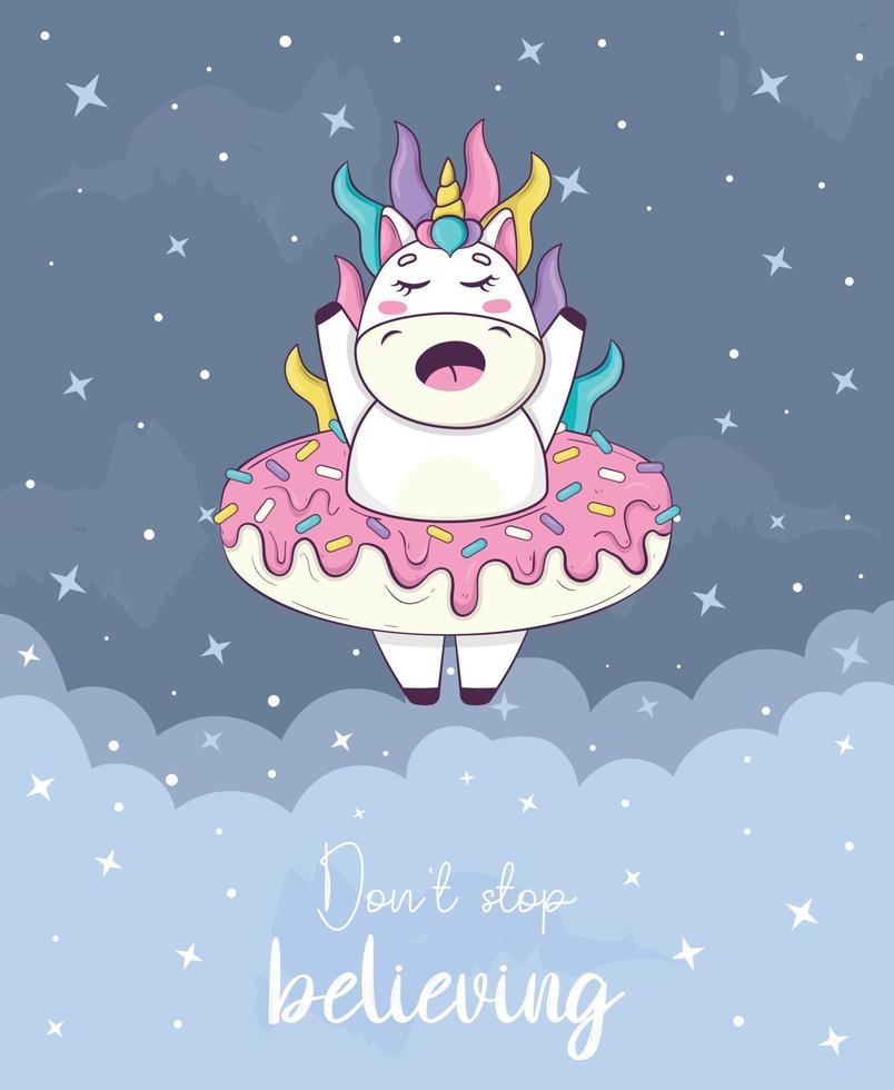 Card with cute kawaii unicorn with rainbow mane and horn in anime style vector