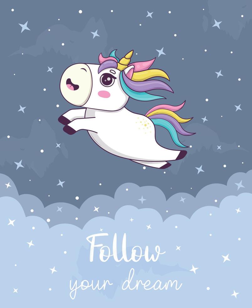 tarjeta con lindo unicornio kawaii con melena de arco iris y cuerno en estilo anime vector