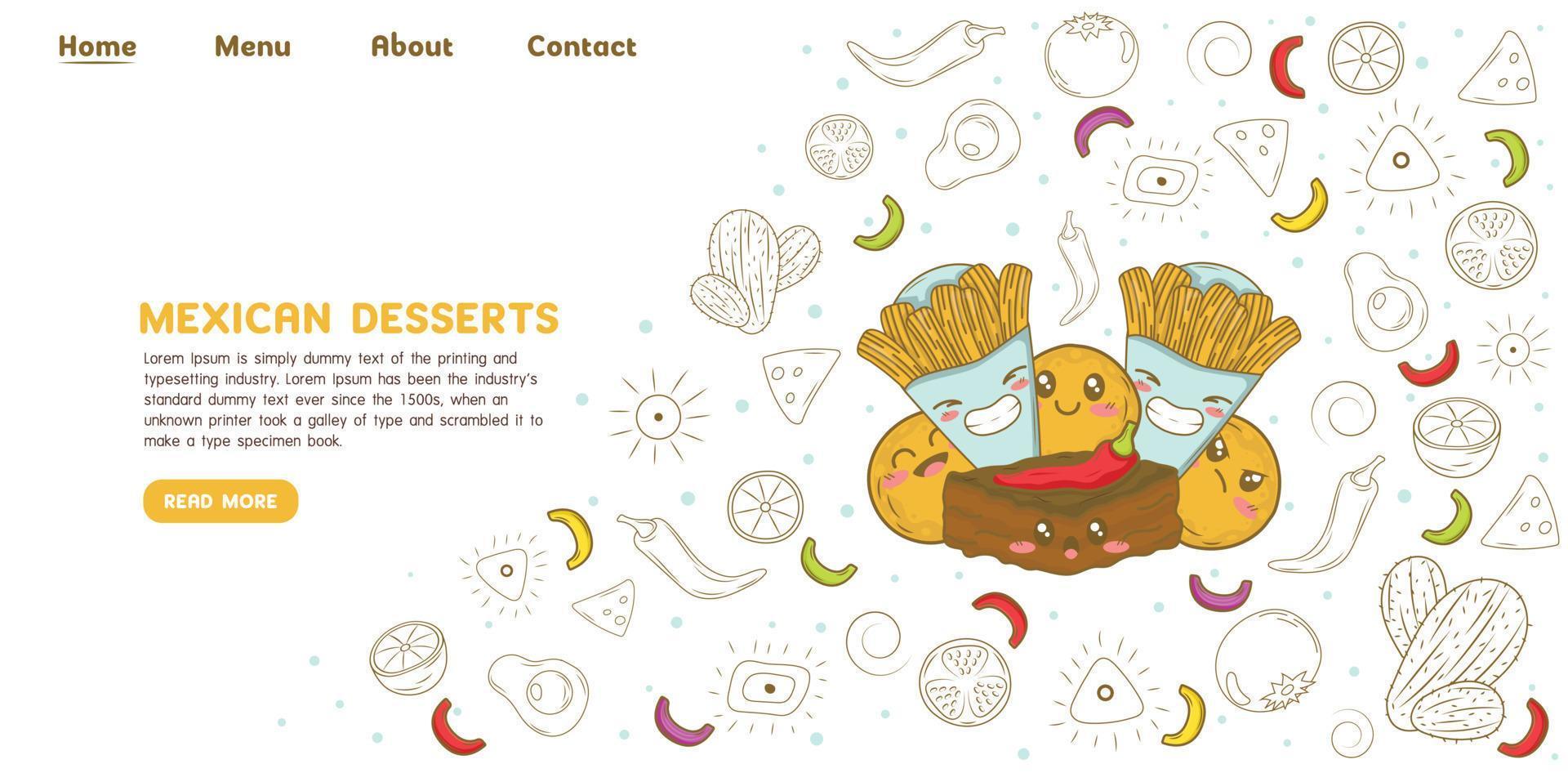 Mexican desserts donut churros and chili brownie landing page website template with doodle cartoon elements vector