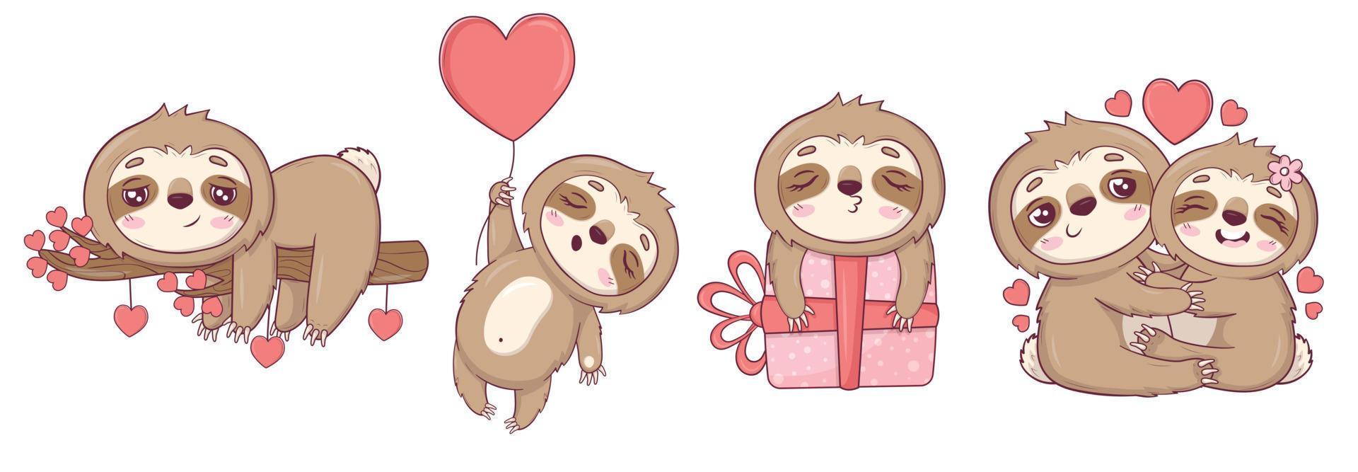 Clipart set with funny sloths in love, hugging, with gifts and hearts for Valentine's Day vector