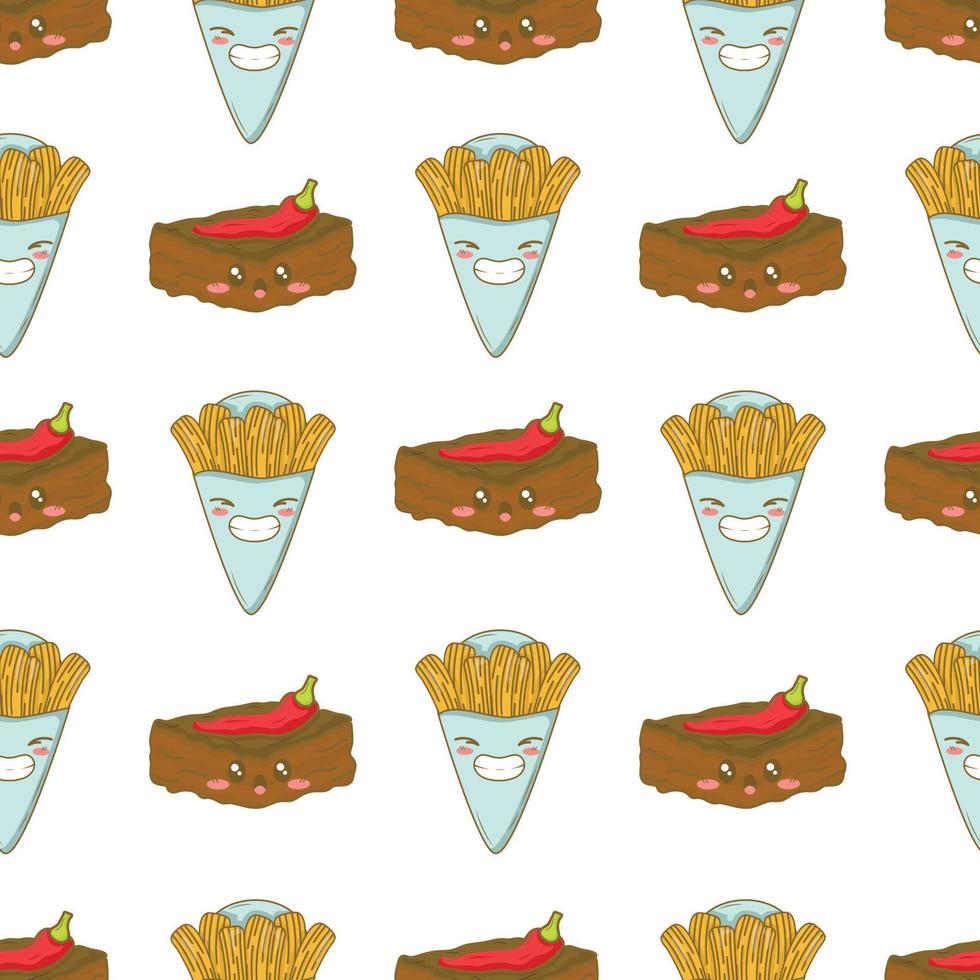 Seamless pattern with mexican dessert churros donuts and chilli brownie with funny faces in doodle cartoon style isolated on white background vector
