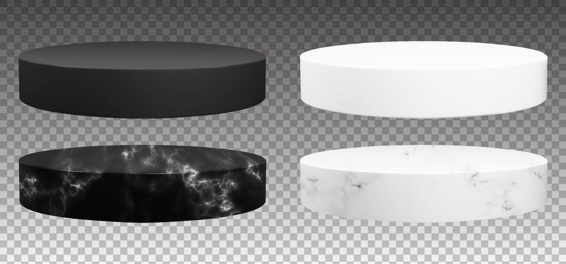Set of cylinder marble podium for jewelry display. Luxury black and white pedestals for product showcase. Vector realistic platform with stone texture