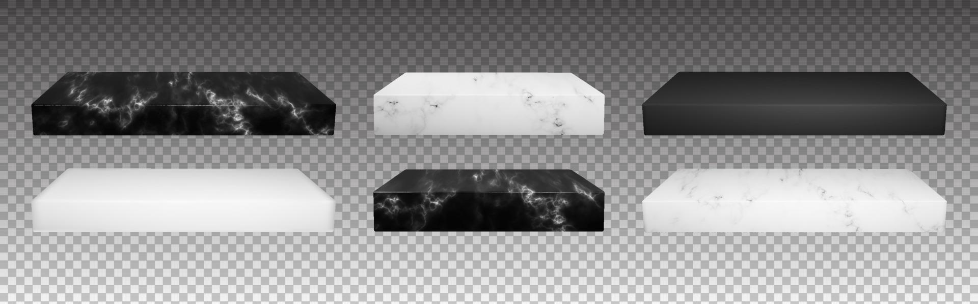 Set of cube marble podiums with black and white textures. Isolated vector platforms for jewelry presentation or showcase and banner creation