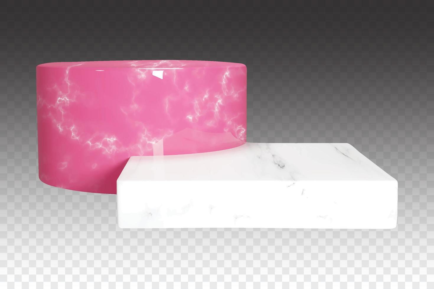 podios de mármol aislados en rosa y blanco con textura realista. Pedestal doble 3d para la venta de pancartas o creación de folletos publicitarios. diseño de presentación de exhibición de producto en blanco vector