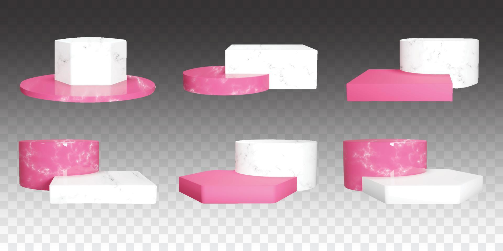 Set of white and pink marble podium compositions. Isolated stone pedestal collection. Jewelry display stands for product presentation and advertising vector