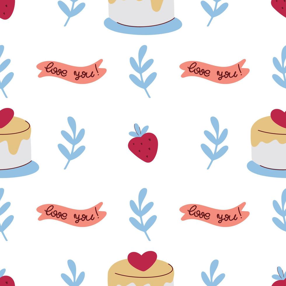 Cakes and strawberries seamless pattern vector