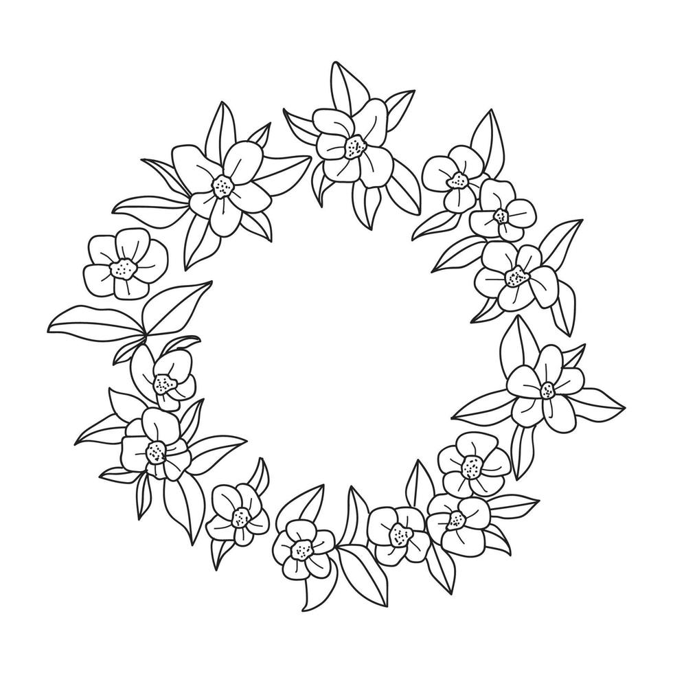 poner corona floral con hojas y bayas, elemento de diseño de corona de laurel, mano simple dibujada para invitación de boda, tarjeta de saludo, flores aisladas en fondo blanco. vector