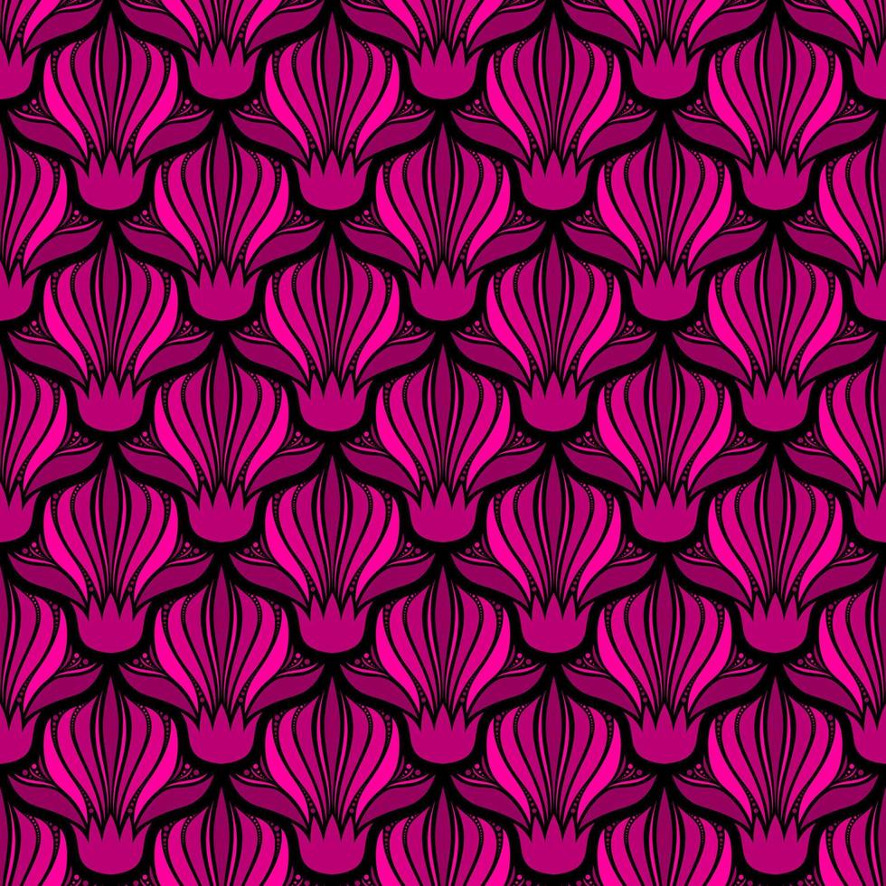 BLACK SEAMLESS VECTOR ART NOUVEAU BACKGROUND WITH PINK FLOWERS