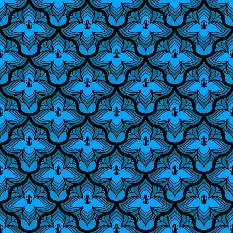 BLACK SEAMLESS VECTOR ART NOUVEAU BACKGROUND WITH LIGHT BLUE FLOWERS
