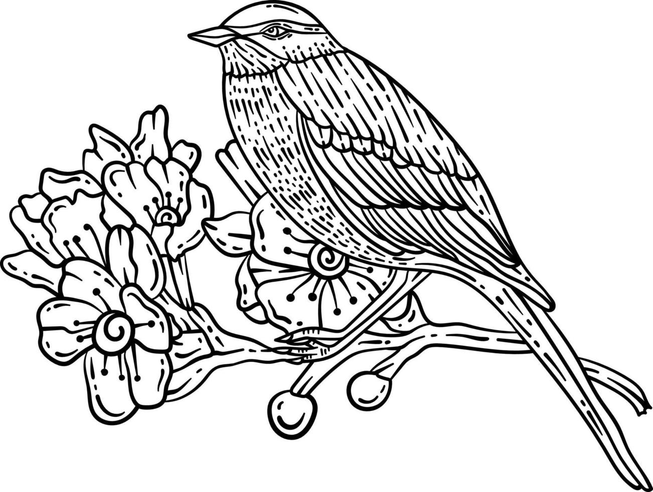 Bird Branch Spring Coloring Page for Adults vector