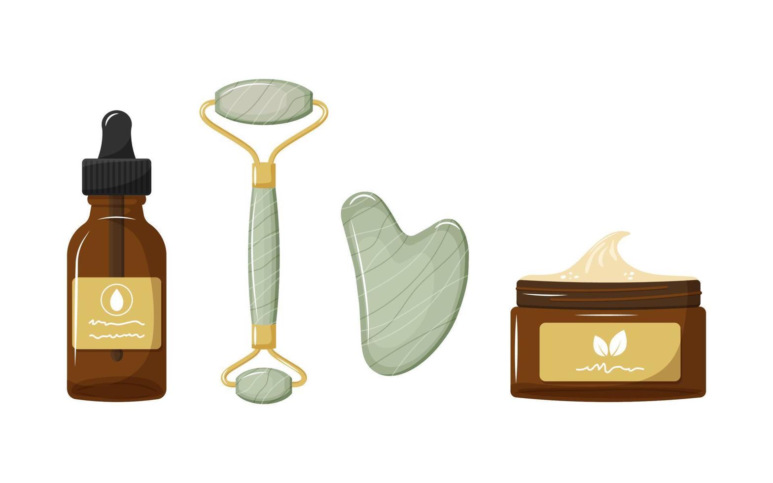 conjunto de cuidado de la piel. suero facial, crema facial y masajeador gua sha hechos de jade y rodillo. rutina de cuidado de la piel de belleza en el hogar. ilustración vectorial dibujada a mano. vector