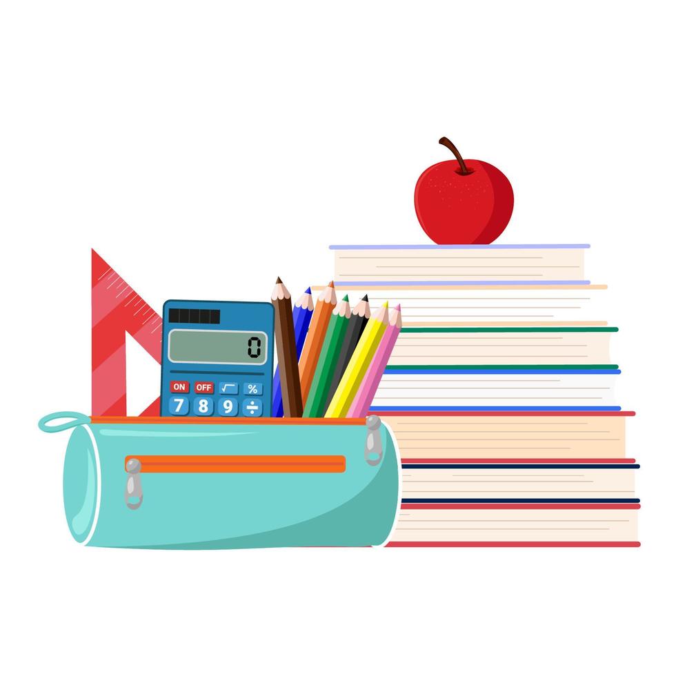 estuche con lápices y calculadora de libros con manzana. escuela de educacion vector