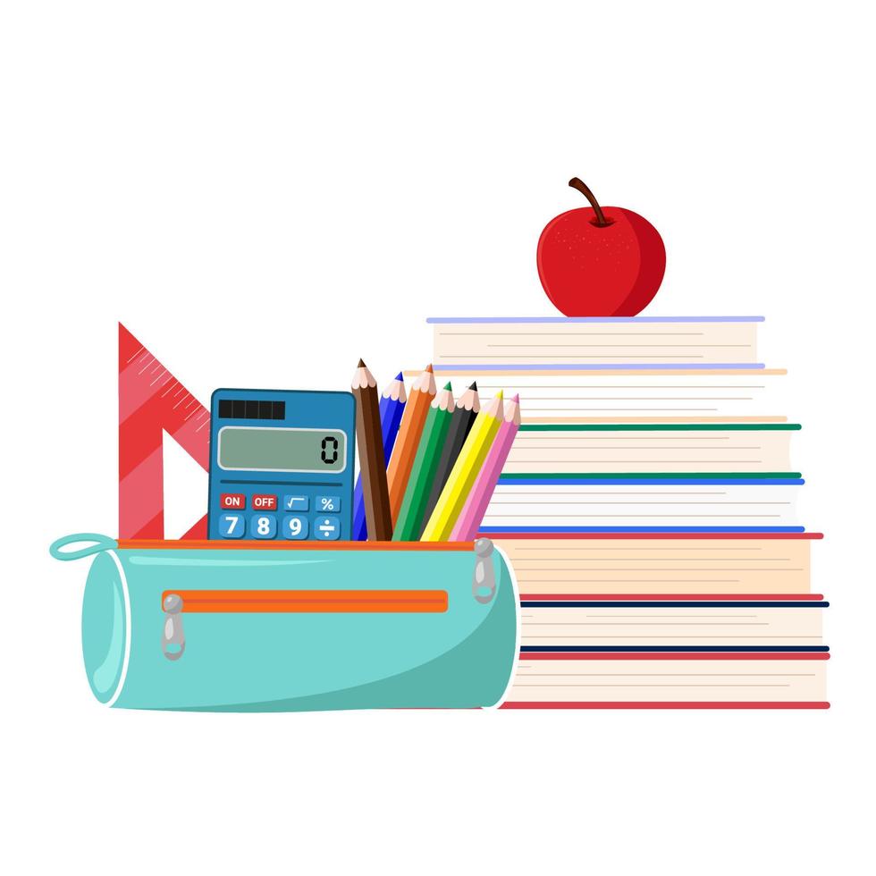 Pencil case with pencils and book calculator with apple. Education school. vector