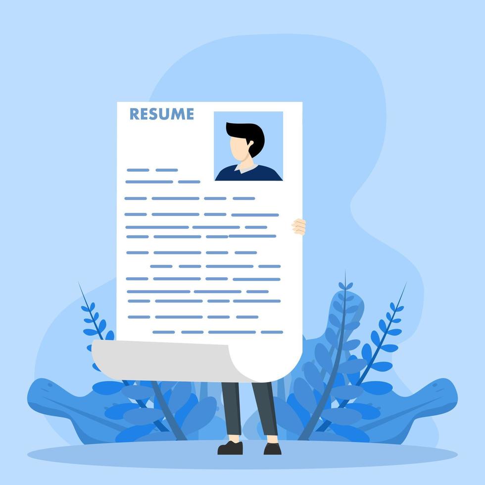 prominente currículum o concepto cv, joven hombre de negocios inteligente con currículum cv que presenta su perfil de trabajo para la contratación de una forma creativa de presentar el perfil comercial para solicitar un nuevo concepto de trabajo. vector