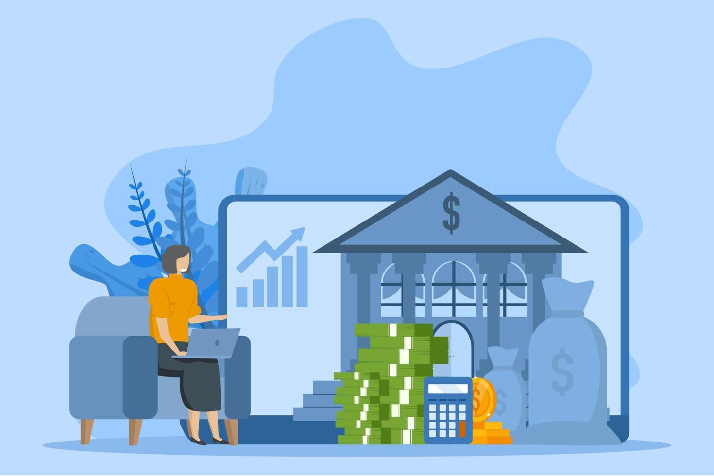 Public financial audit concept. Coins and calculators lying near government finance department or tax office column building. Flat cartoon vector illustration.