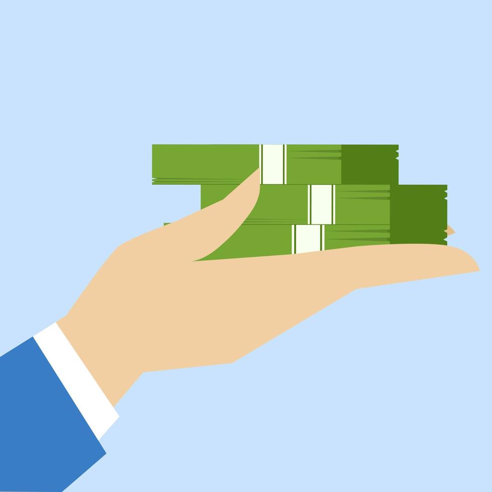 Stock payment Dividend concept, rich and wealthy businessman hands holding pile of dollar banknotes, passive income from dividend yield concept. vector