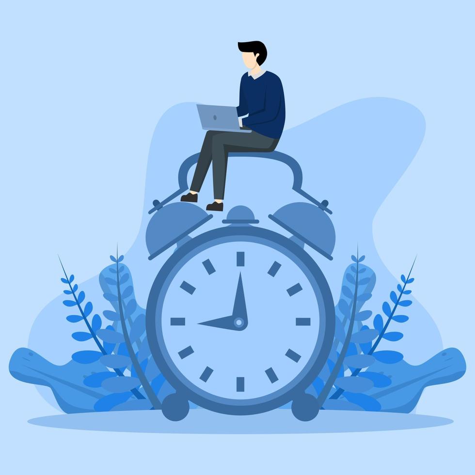 concepto de trabajador fuera de horario, hombre de negocios confiado que usa una computadora portátil sentado en horas de trabajo por la noche con colegas en otro país, trabajando horas extras o un concepto de tiempo de trabajo diferente. vector