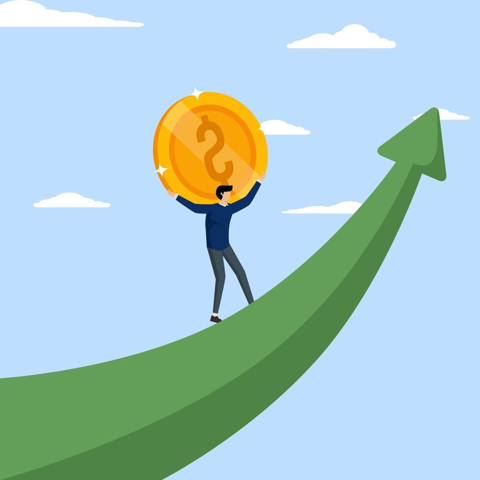 Concept Increase sales, salary or income grow, financial prosperity concept, investment growth or income and profit go up, strong businessman investor bring money gold coin rising graph. vector