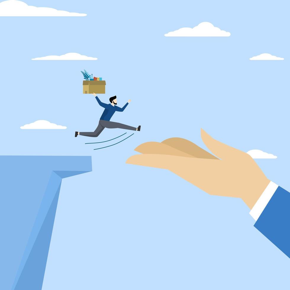 Concept Change job, leave company for new career opportunity, confident brave businessman carrying stuff running away jumping from cliff to help giant hand, decision to change employer concept. vector